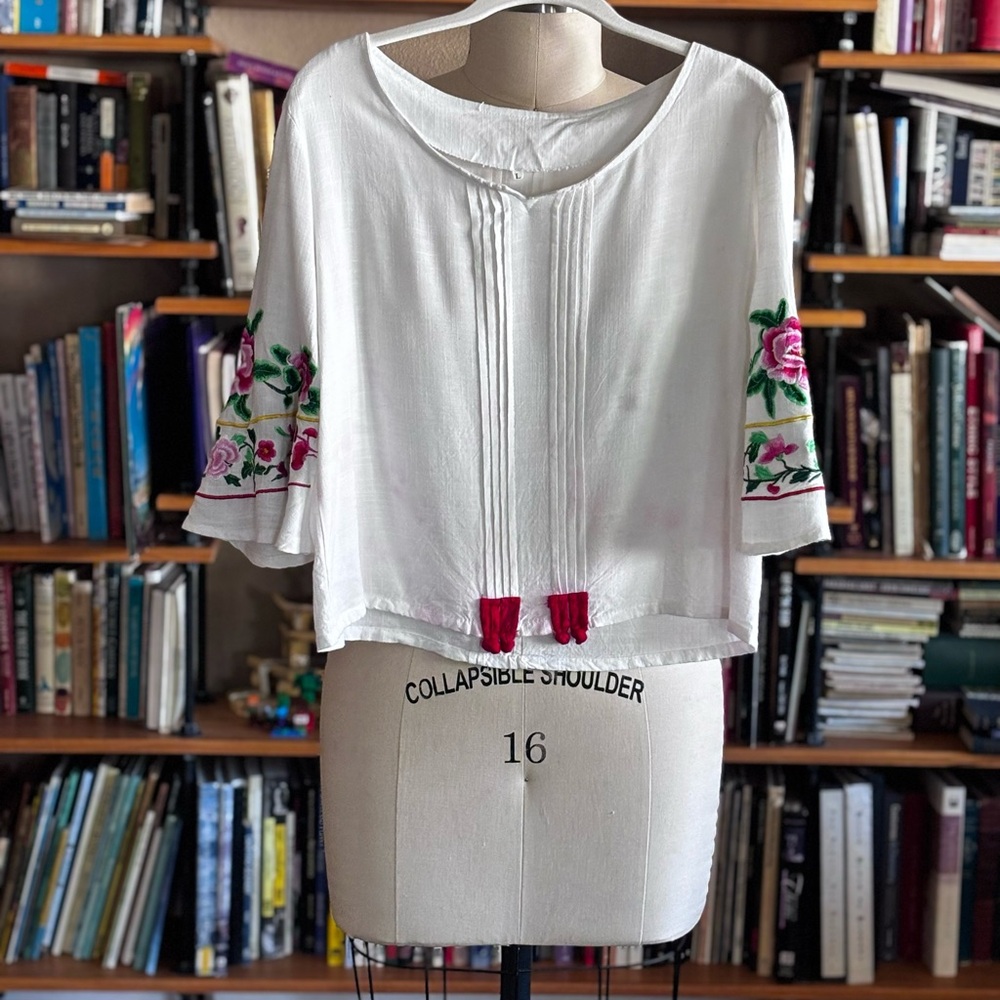 Embroidered White Top with Floral Sleeves
